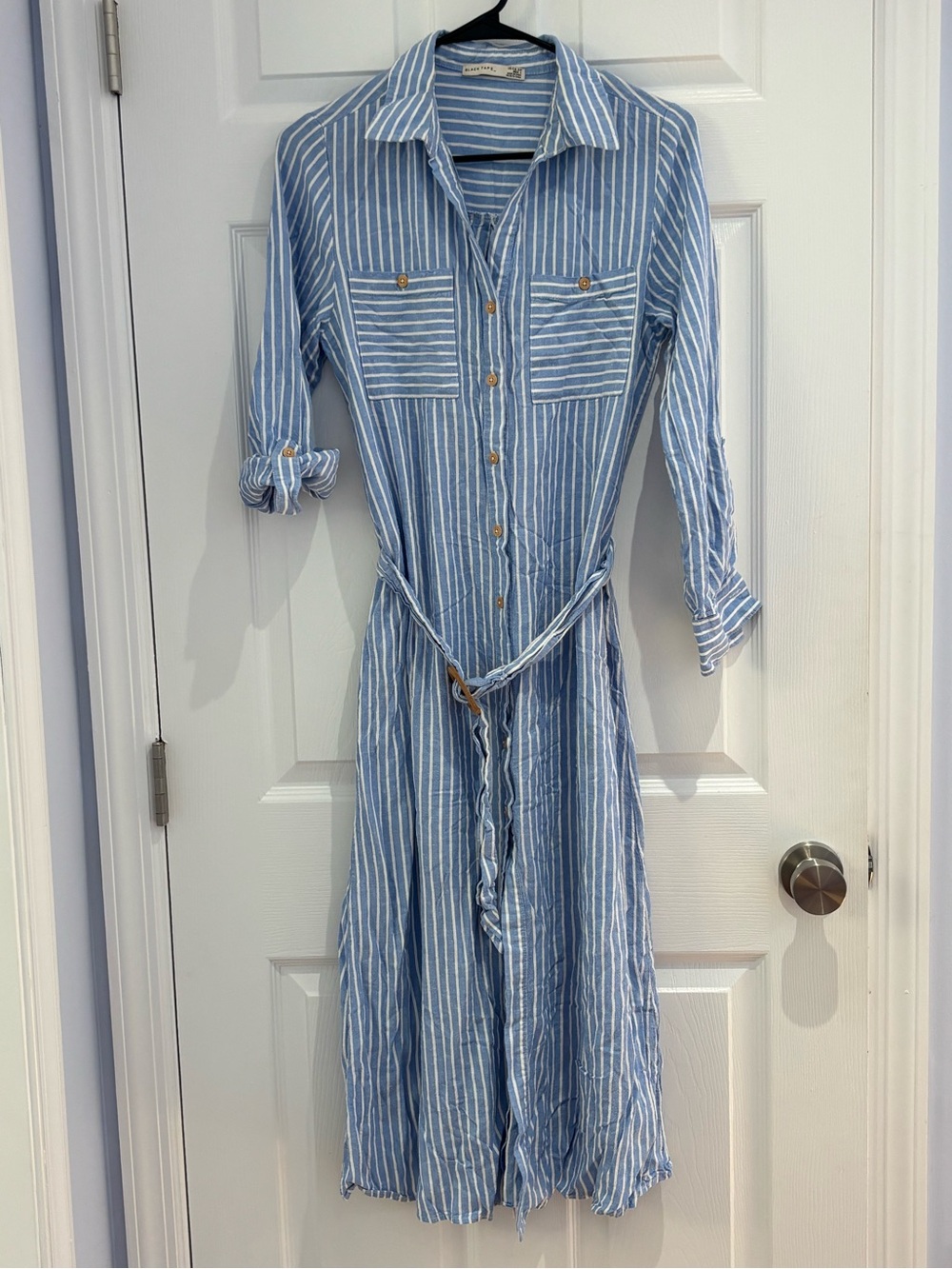 Black Tape_ Light Blue & White Striped Shirt Dress with Belt